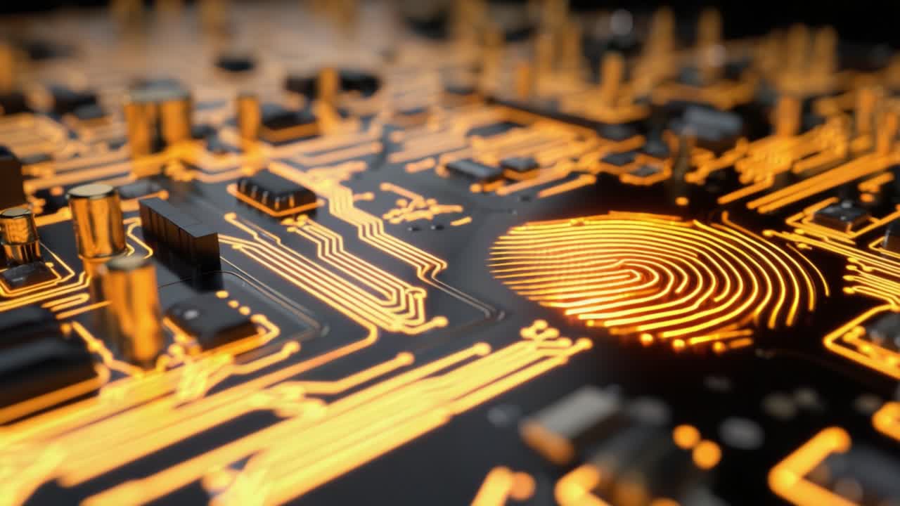 Intricate Close-Up of an Advanced Circuit Board Featuring a Distinctive Fingerprint Pattern Illuminated by Golden Lights