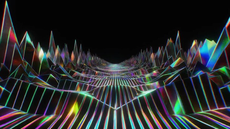 Abstract Digital Landscape with Glowing Iridescent Geometric Waves
