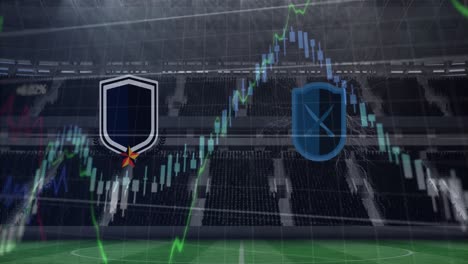 animación de emblemas de equipos y globo con gráficos y procesamiento de datos sobre estadios deportivos