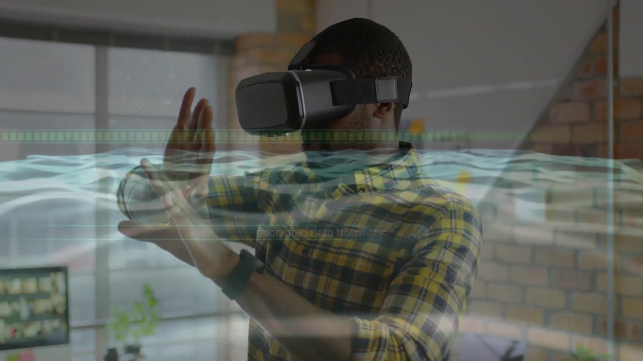 Developer wearing VR headset raising hands and analyzing tech wave data grid through gestures