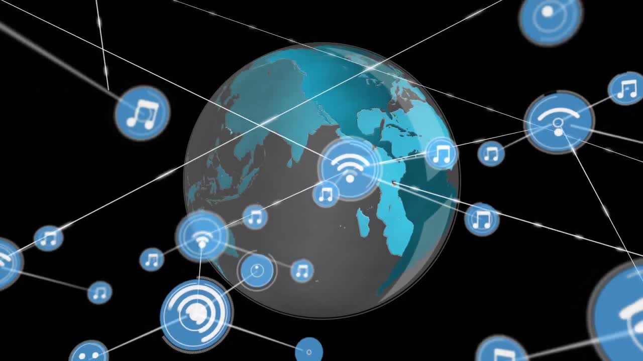 animación de redes de conexiones con iconos sobre fondo negro