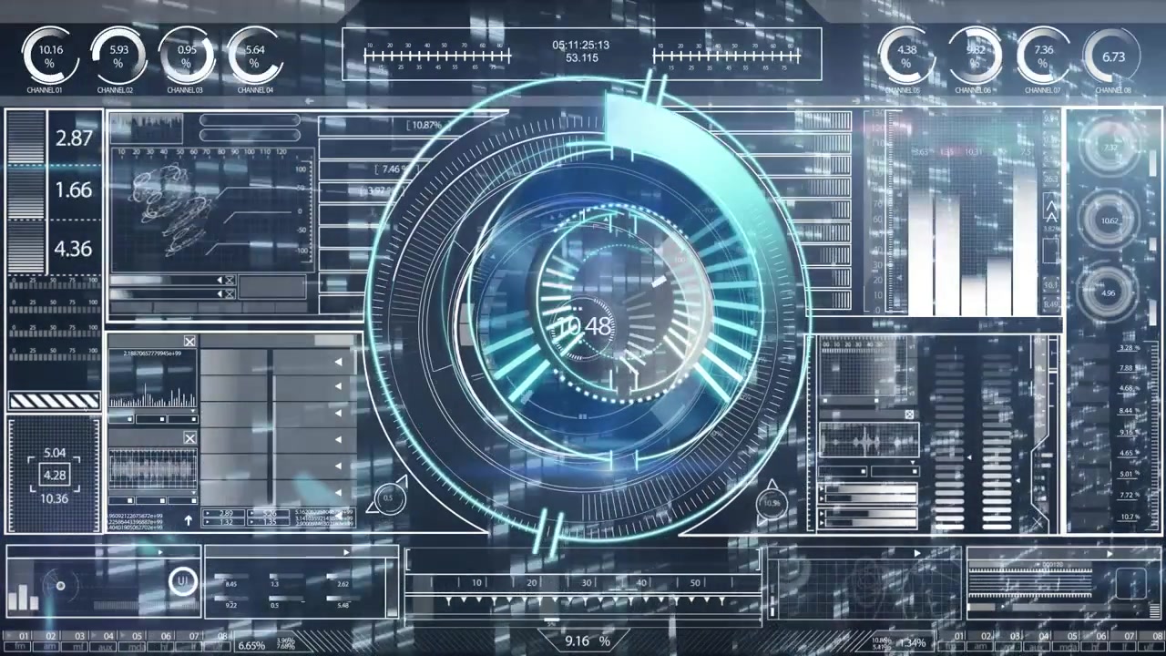 Futuristic Digital Interface with Rotating HUD Elements and Data Analytics