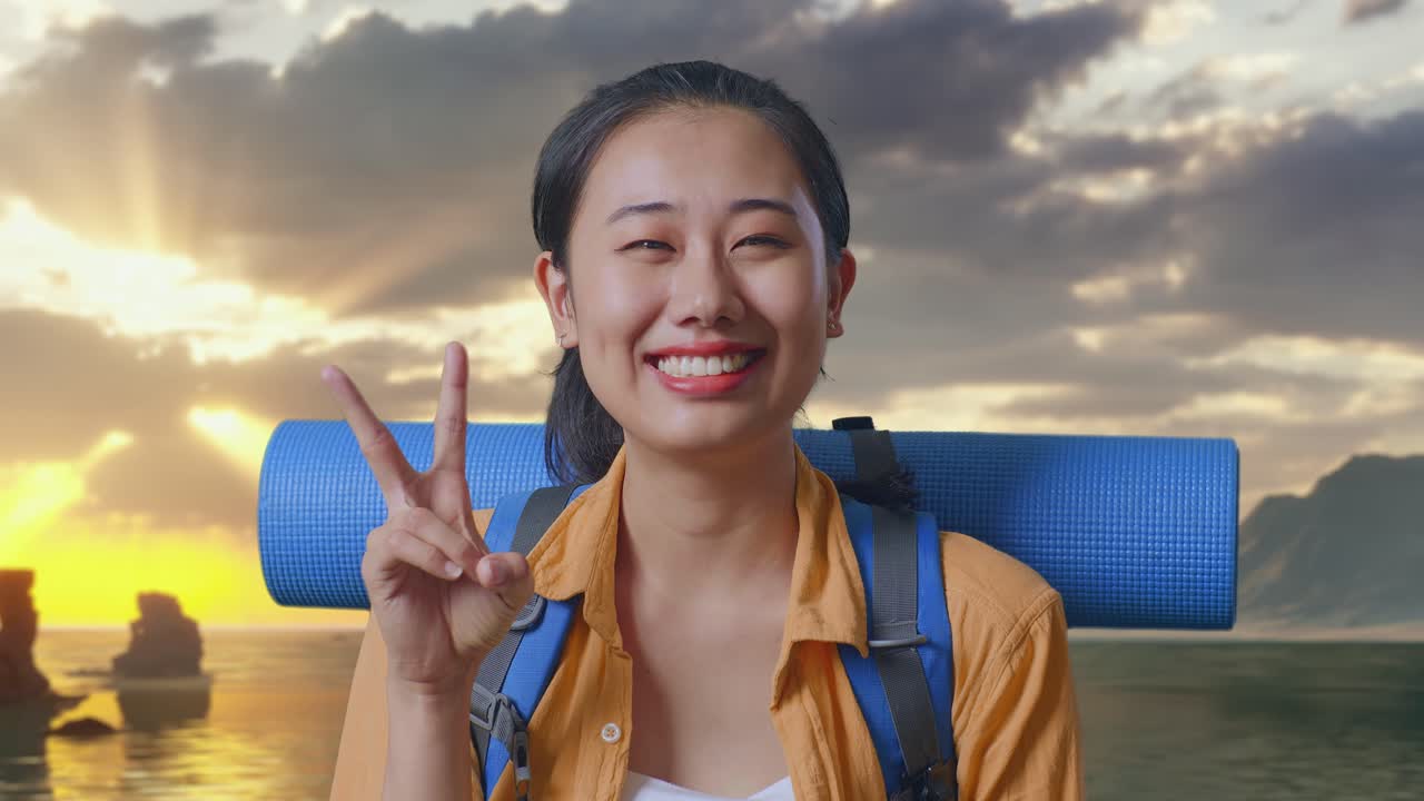 Close Up Of Asian Female Hiker With Mountaineering Backpack Smiling And Showing Peace Gesture While Standing on Beach During Sunset Time