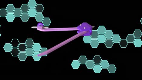 animación de brújula y red de hexágonos con procesamiento de datos
