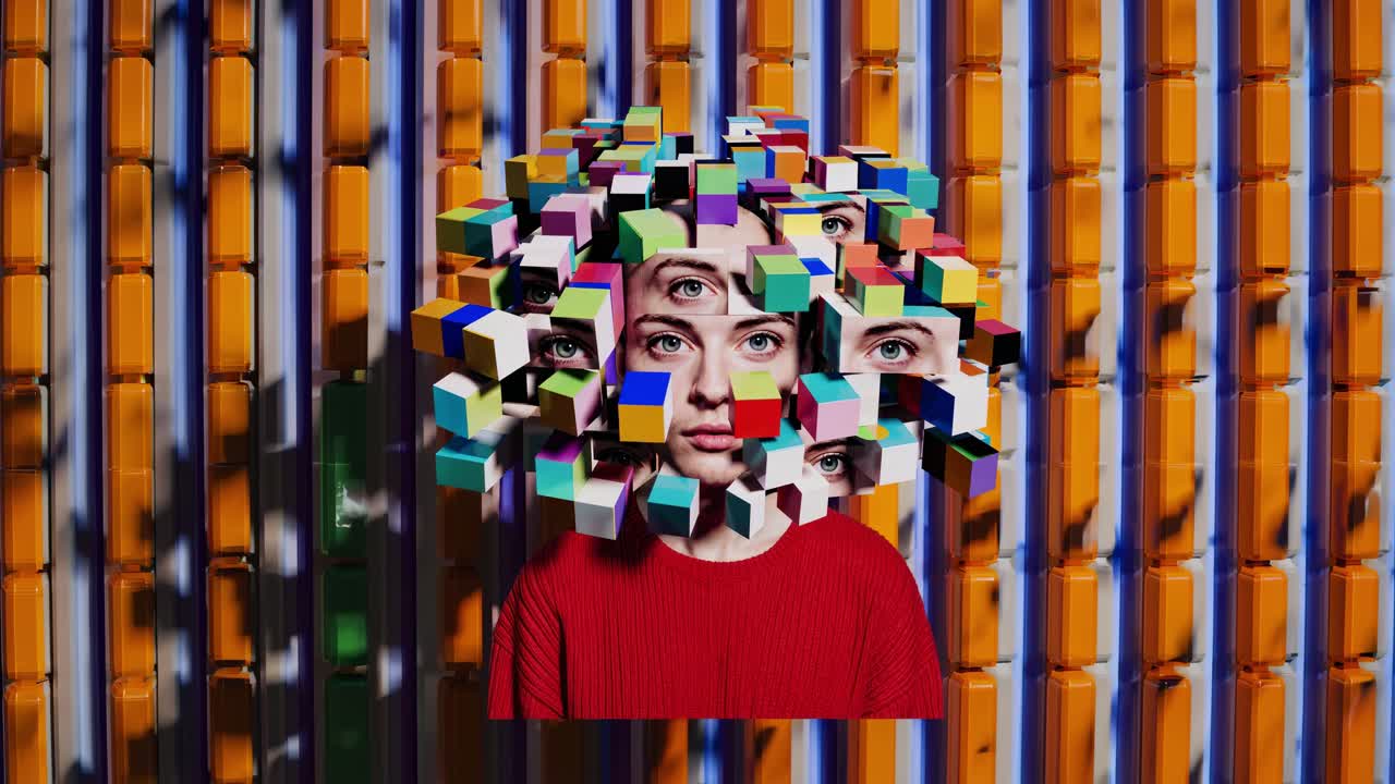Surreal portrait of a young woman with an exploding head made of colorful cubes, representing mental health and artificial intelligence, against an orange and blue striped background