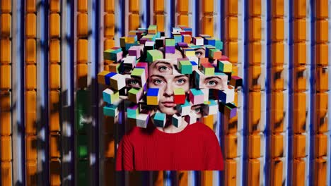 surreal portrait of a young woman with an exploding head made of colorful cubes, representing mental health and artificial intelligence, against an orange and blue striped background