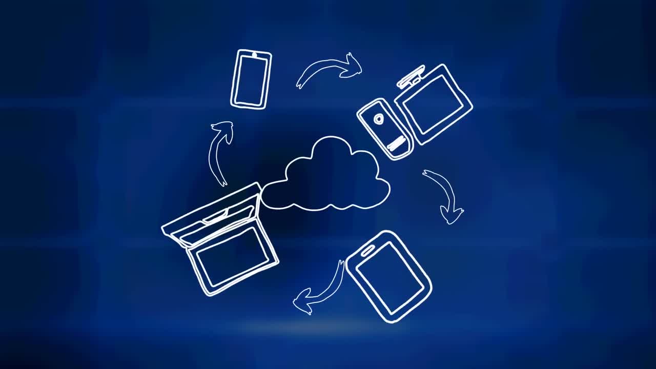 Animation of network of connections with cloud and icons over digital screens