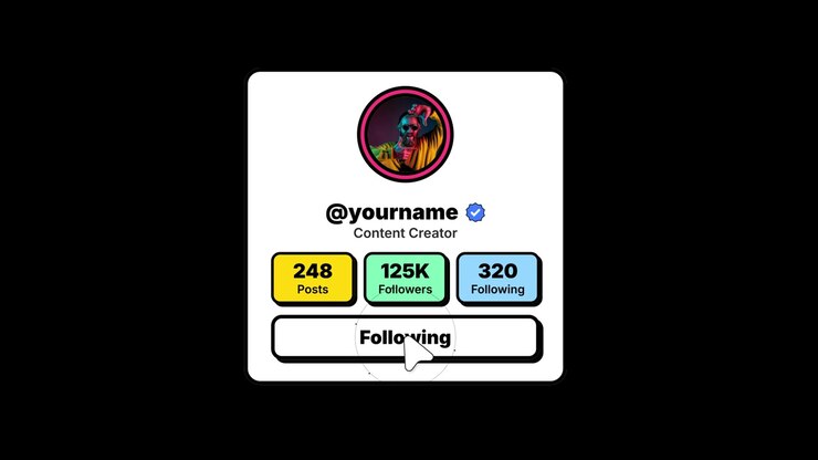 Animazione dell'interfaccia del profilo social media con clic sul pulsante Segui