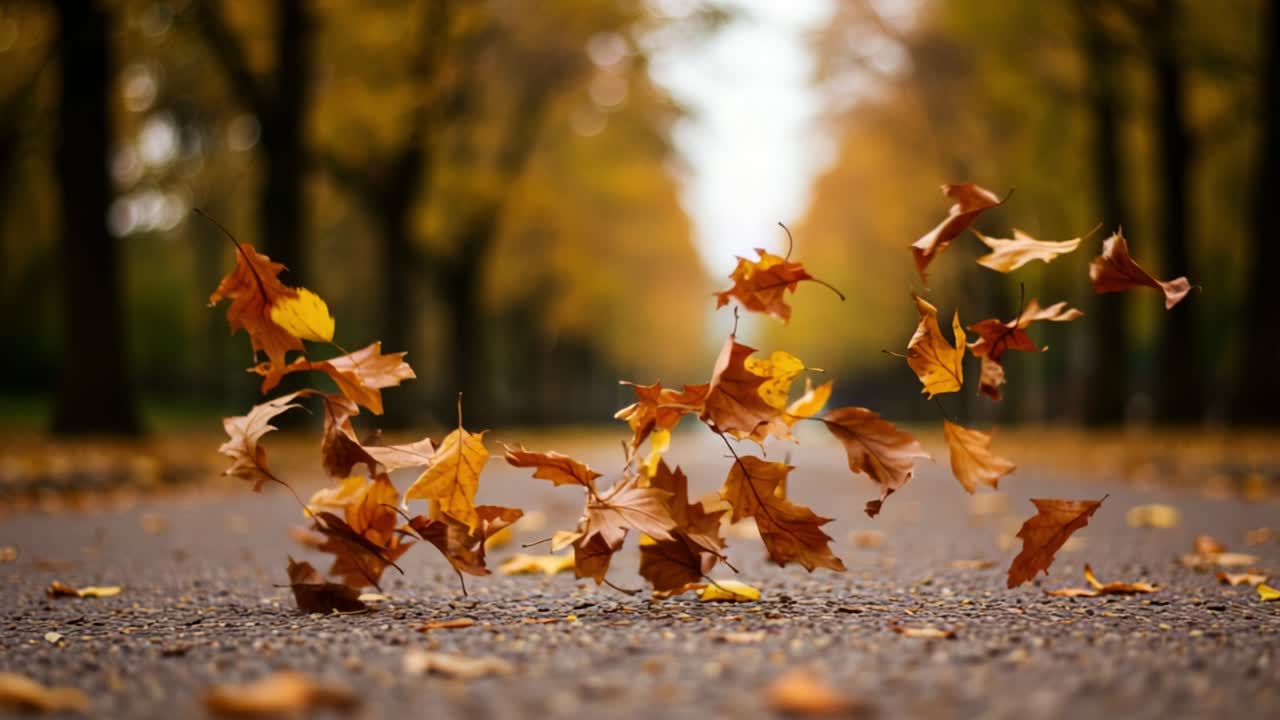 A Serene Autumn Scene: Golden Leaves Dancing Through the Air and Gently Resting on the Ground Amidst a Tranquil Pathway Surrounded by Trees