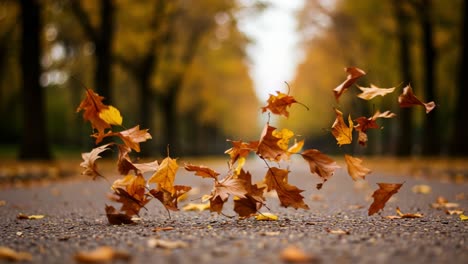 a serene autumn scene: golden leaves dancing through the air and gently resting on the ground amidst a tranquil pathway surrounded by trees