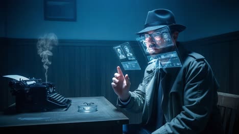 mysterious detective analyzing digital evidence in rainy room with vintage typewriter, showcasing futuristic technology and intriguing atmosphere