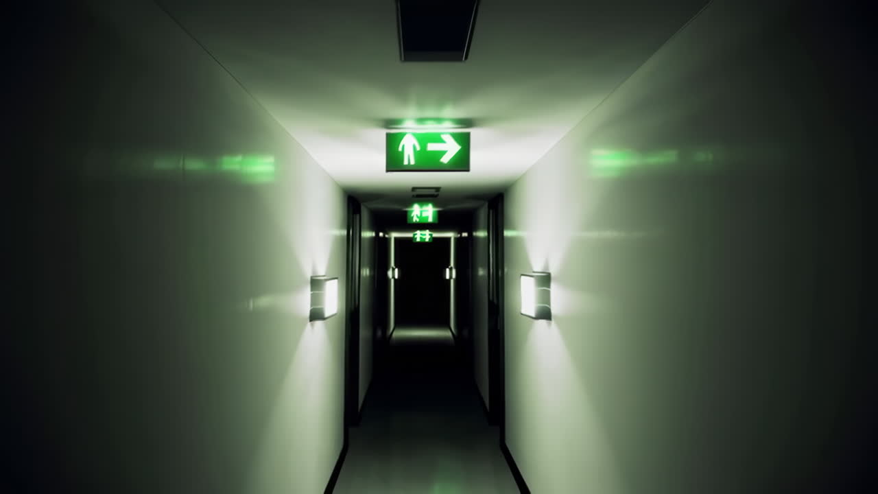 Empty Hallway at Night with Emergency Exits