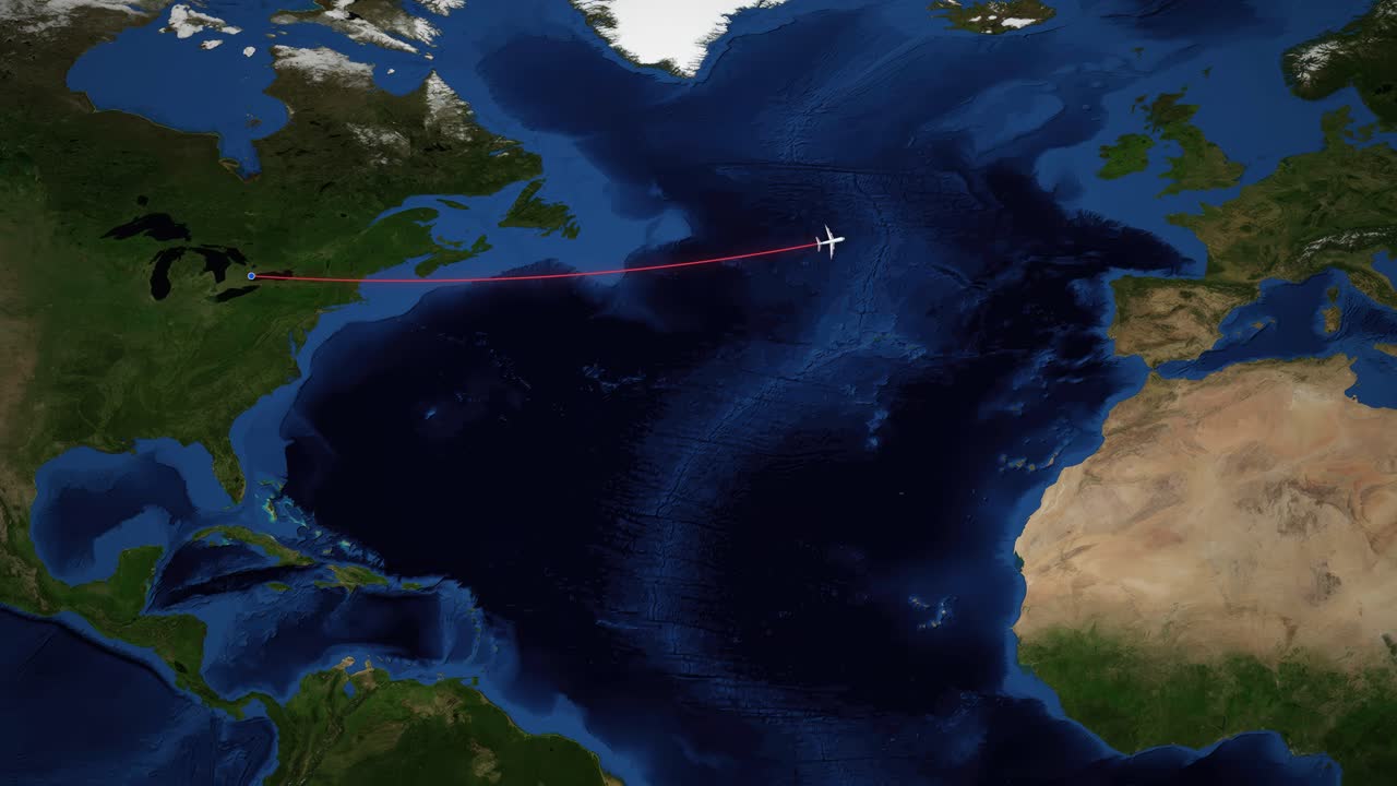 Motion graphics animation tracks airplane flight path from Toronto to Dublin across Atlantic