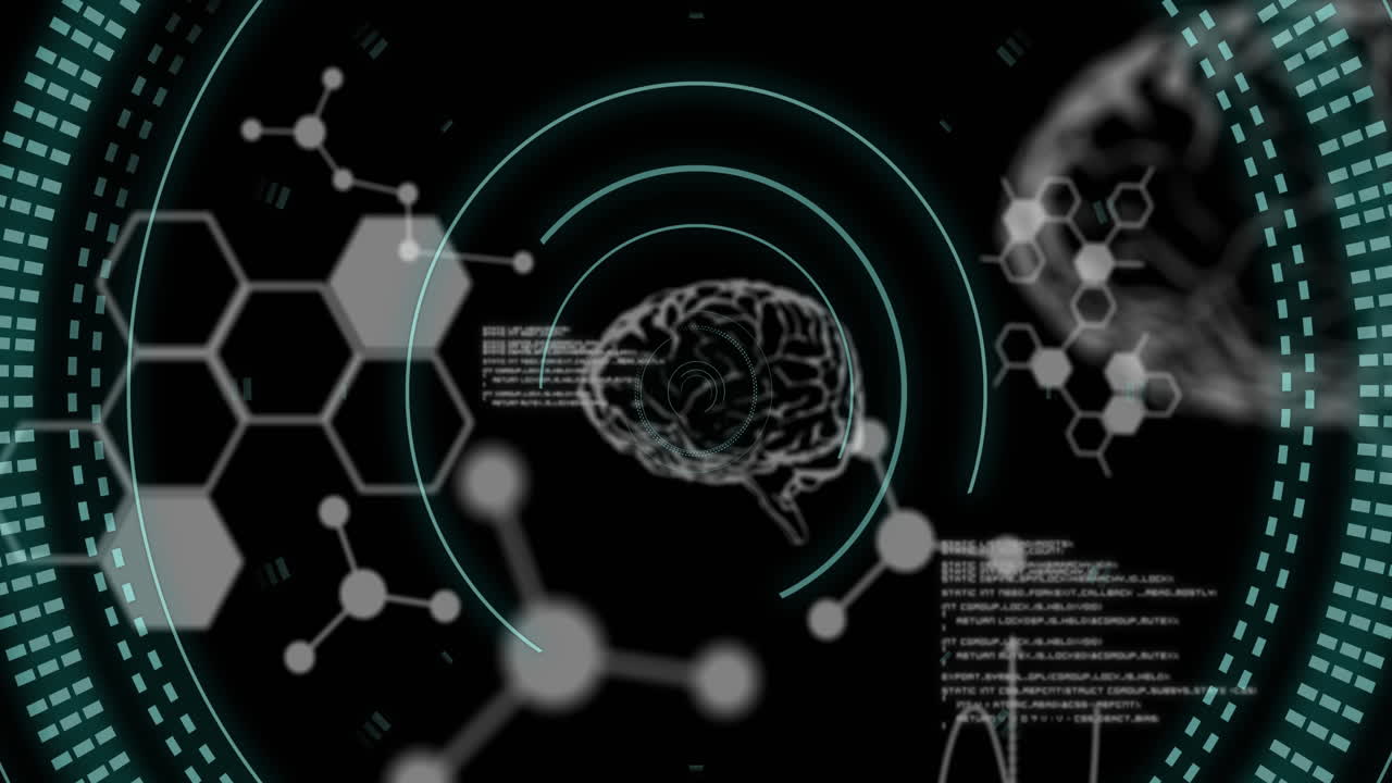 Animation of data processing and brains over black background