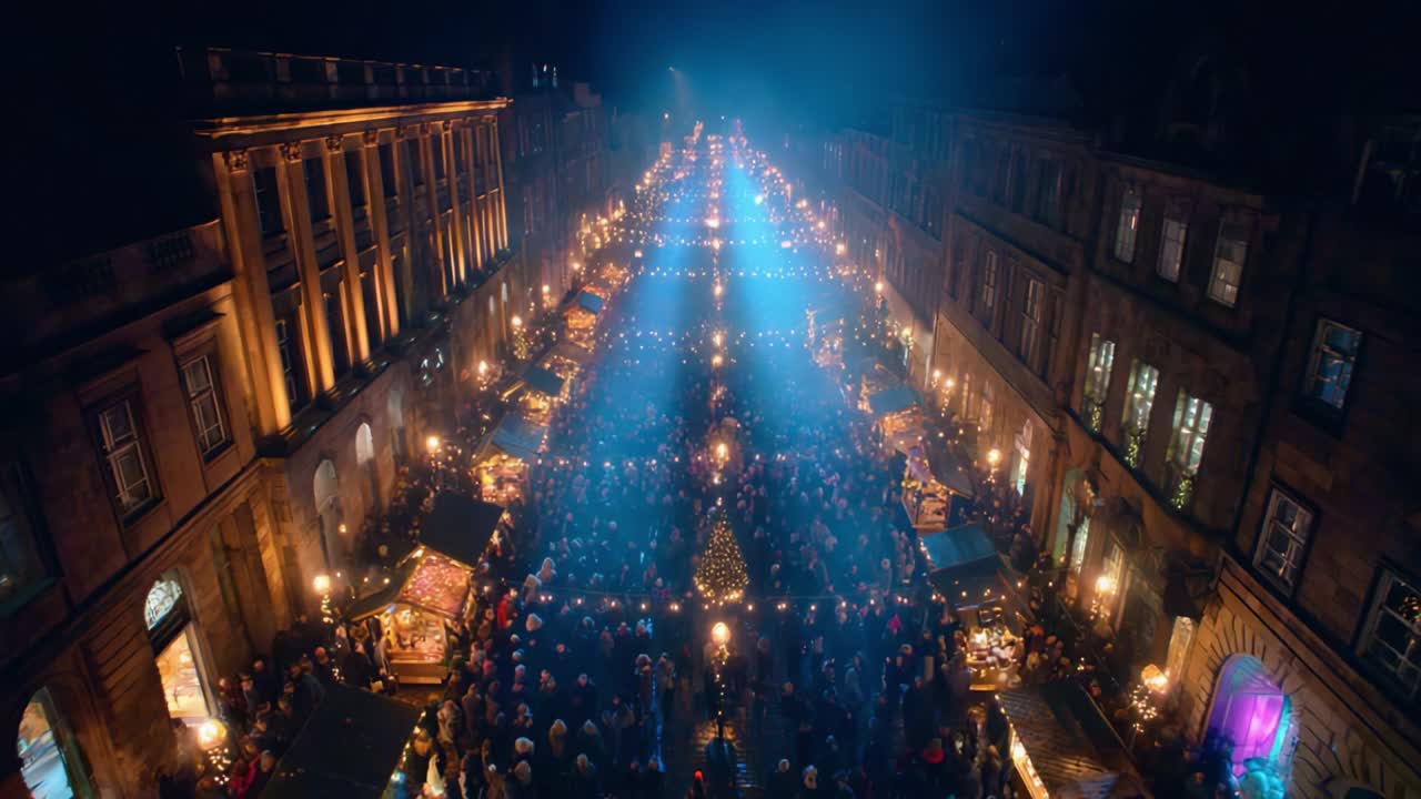 A Captivating Aerial View of a Vibrant Night Market Scene, Illuminated by Bright Beams of Light Over a Festive Crowd Enjoying Food, Shopping, and Holiday Atmosphere Amidst Stall Decorations