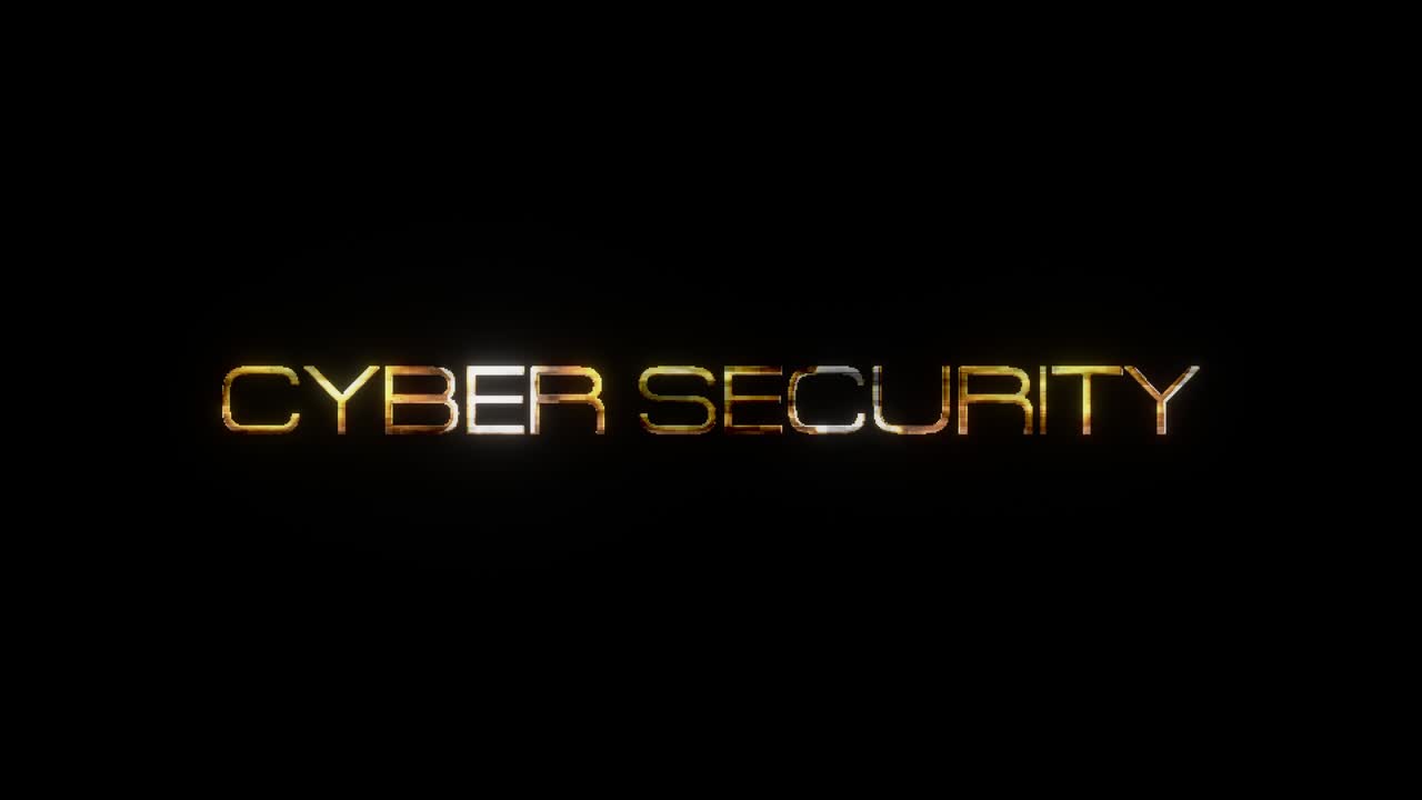 Title text Cyber Security glitch gold text illustration on Black Background. 4K 3D rendering seamless loop CYBER SECURITY golden text with glitch effect. Digital protection concept kinetic typography.