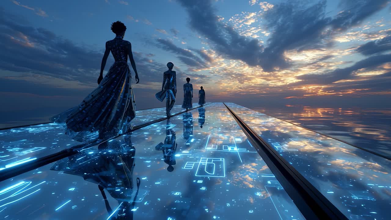 Futuristic women walking on a platform during sunset