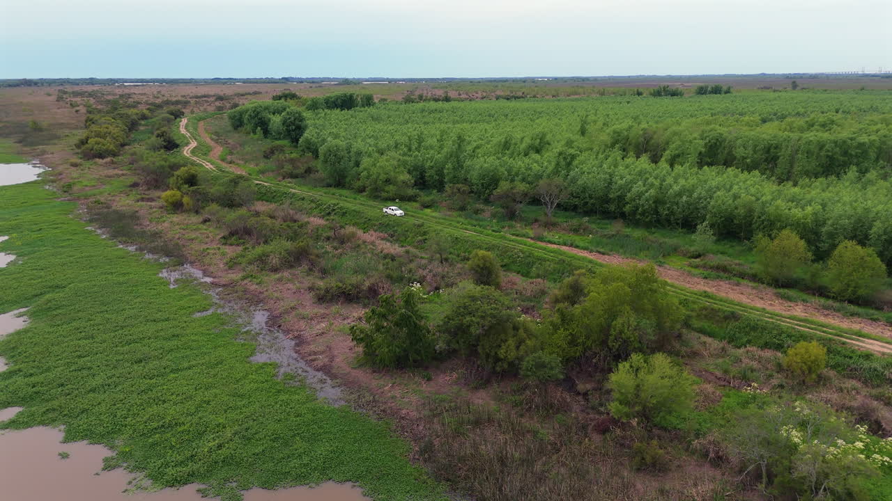 Aerial pullback of white truck driving dirt road in rural Argentina