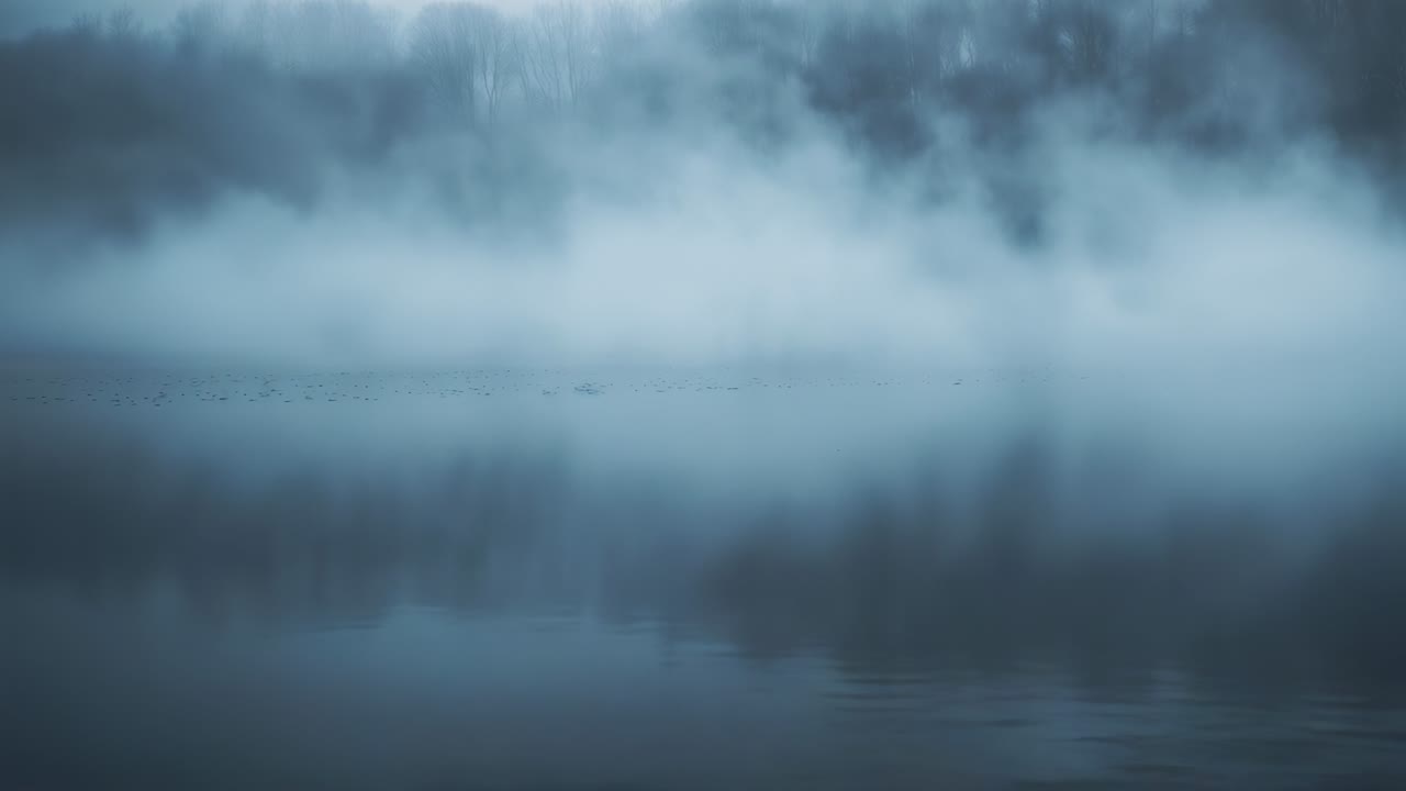 En drivende lav tågebanke tykner over den rolige sø med kølig luft, der spejler træer og små pletter.