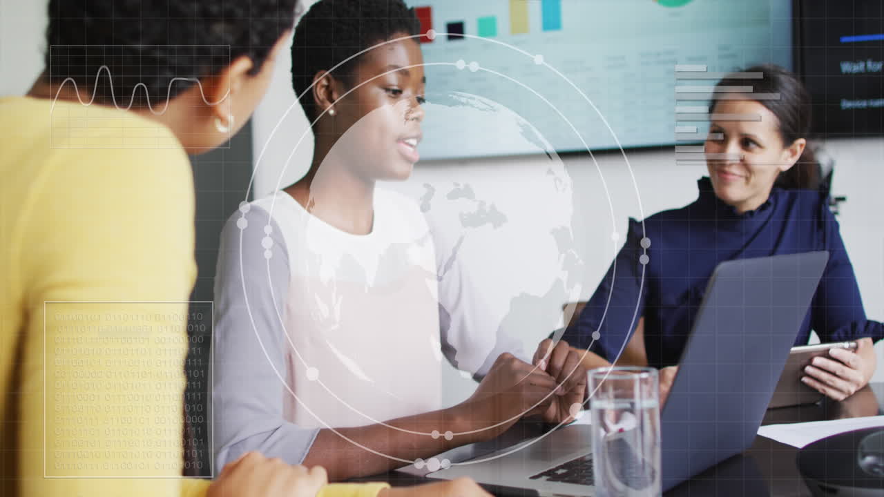 Animation of data processing and globe over diverse business people talking in office