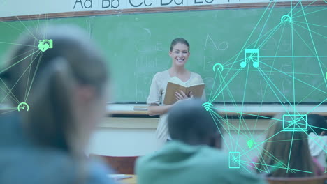 animation of globes of digital icons against caucasian female teacher teaching students at school