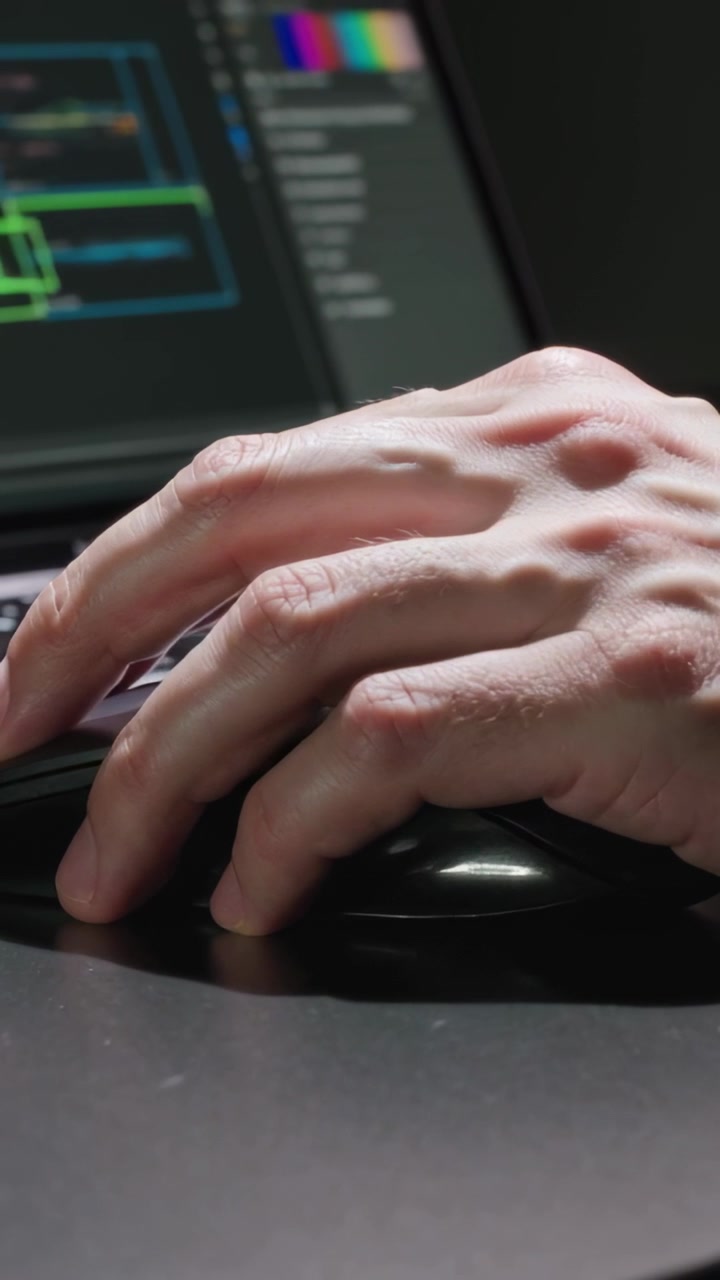 Vertical video: Seeing prompt, adult hand shifting grip and clicking mouse at desk, with laptop UI
