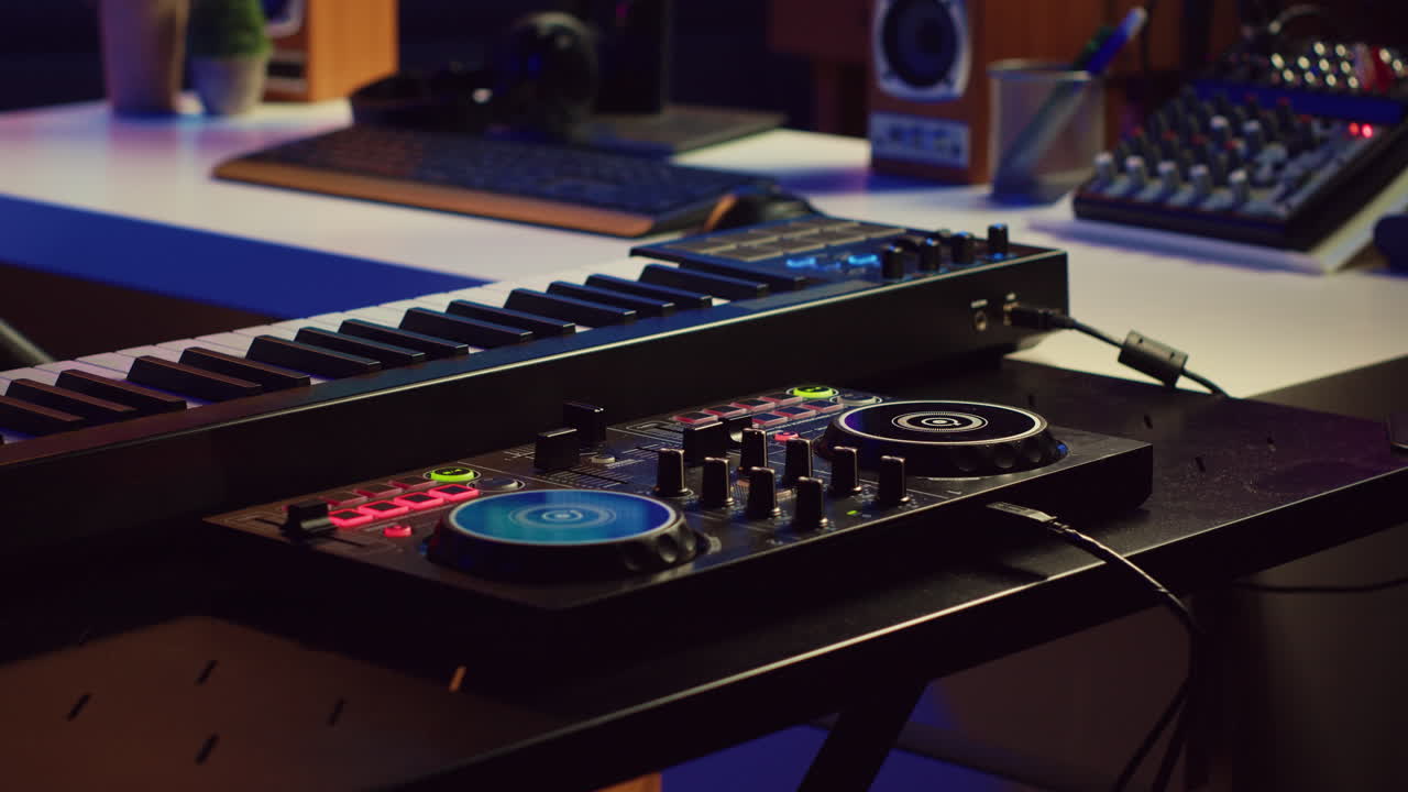 estudio casero vacío equipado con consola de mezcla y caja de sonido