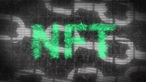 green nft text banner over network of connections and security chain icon against black background