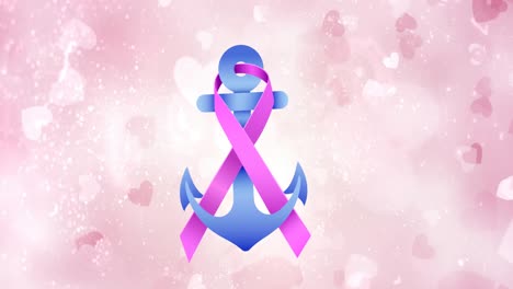 animation of pink ribbon anchor logo and breast cancer text appearing on pink background