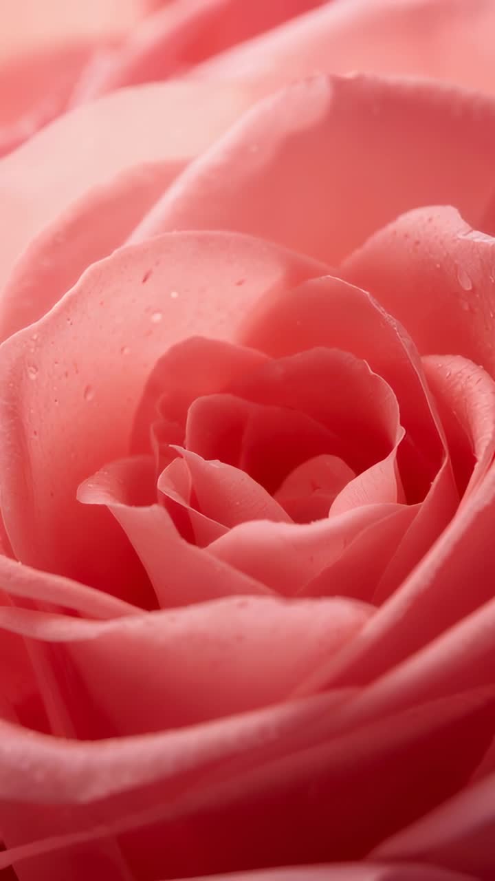Video verticale: inquadratura con movimento di camera che rivela una rosa rosa che sboccia in studio, mostrando le goccioline e la texture