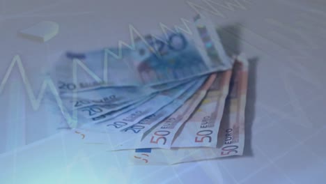 Animation-of-stack-of-Euro-currency-banknotes-over-stock-market-display-in-the-background.