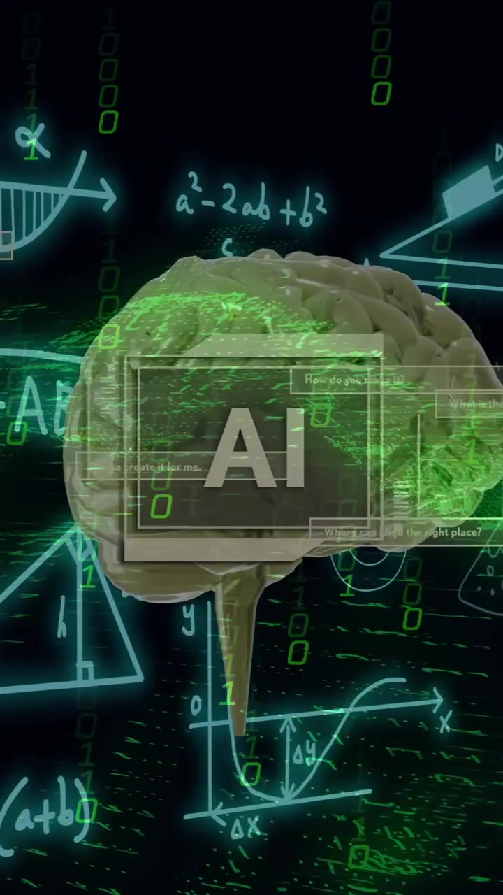 Animation of ai text, brain and digital data processing over black background