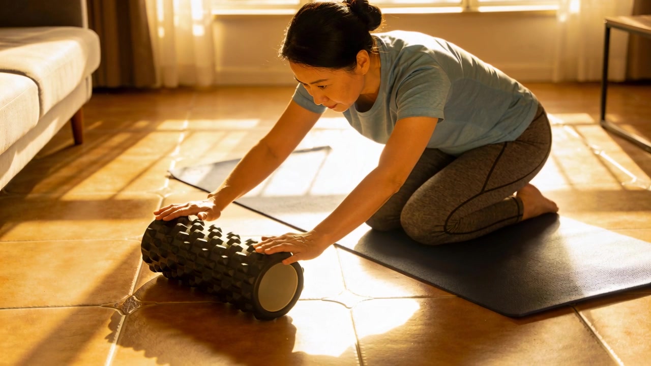 Preparing woman in workout clothes adjusting textured foam roller on mat at home for self-massage