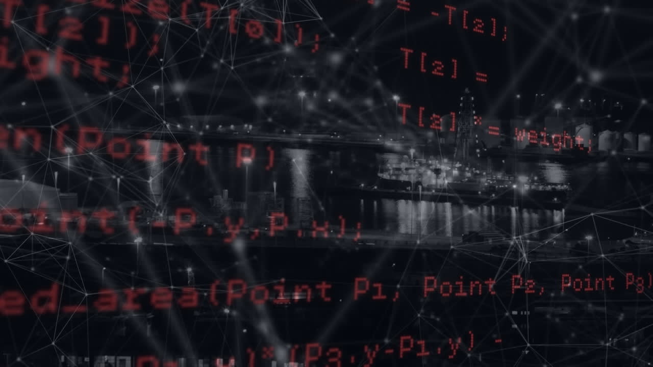 Animation of data processing, cityscape and connections