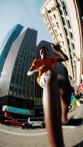 energetic young man running with distorted city background