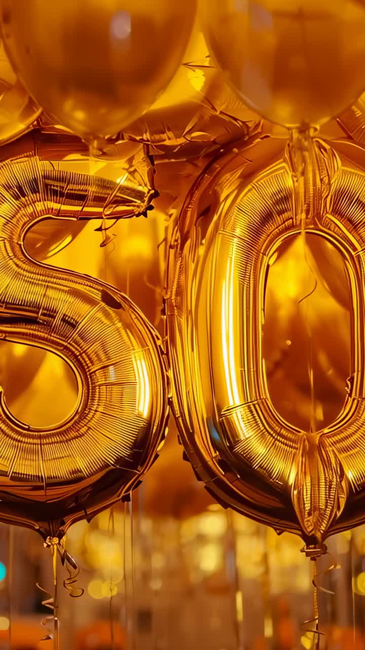 Vertical video: Swaying gold foil 50 balloons by breeze, shifting light and ribbons at party