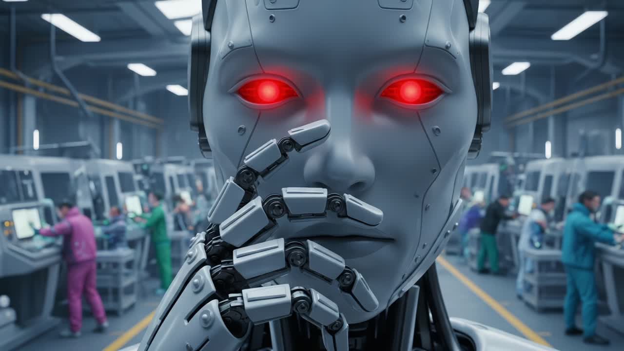 A futuristic robotic figure with glowing red eyes seamlessly interacts with technology, symbolizing the intricate relationship between humanity and advanced automation in a high-tech workshop