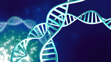 animation of dna strands spinning with copy space and glowing spots over blue background