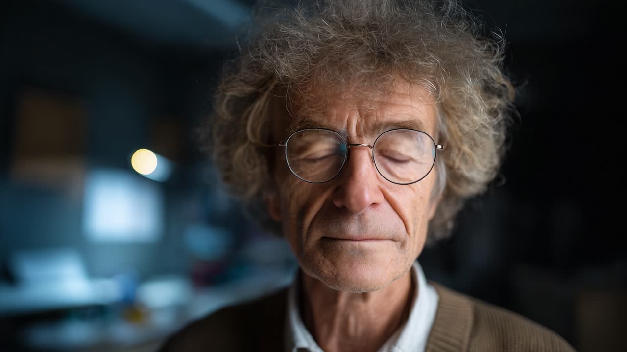 Un uomo riflessivo con capelli ricci e occhiali guarda dritto nella camera, incarnando saggezza ed esperienza in un ambiente intimo e illuminato delicatamente