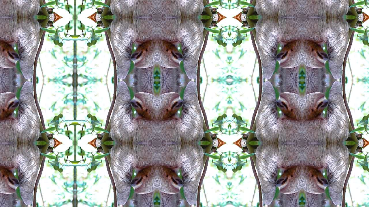 Visuell effekt med kalejdoskopisk sengångaranimation, psykadeliska grinande sengångare, sengångarglitch, leende sengångare, Costa Ricas djungel