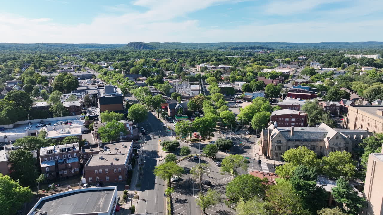 Drone shot over an intersection near Yale Univeristy In New Haven, Connecticut, USA
