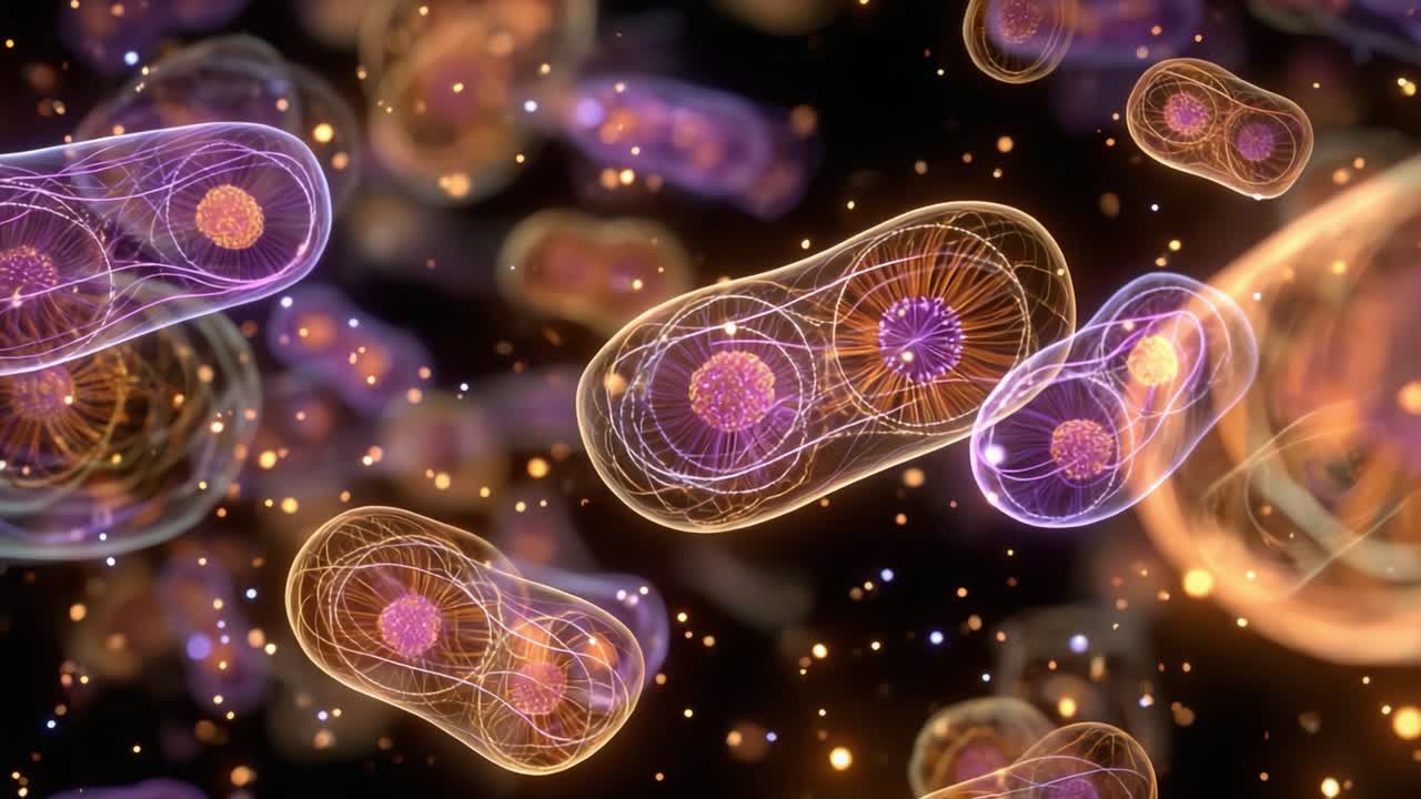 Dynamisk mikrobiell verden: En fengslende visuell reise gjennom livlige bakterier og deres pulserende strukturer, som viser skjønnheten i mikroorganismer i bevegelse.