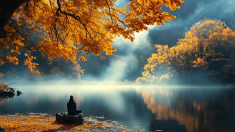 tranquil autumn meditation by the serene lake under vibrant foliage