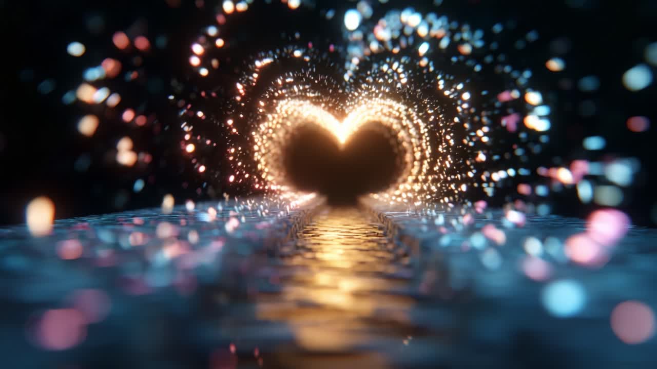 A Radiant Heart-Shaped Pathway Illuminated by Vibrant Sparks and Glittering Particles, Leading to a Mystical Destination Overflowing with Colorful Lights and Reflective Surfaces, Capturing the Essence of Love and Wonder