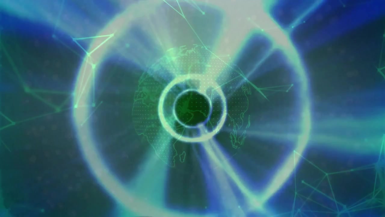 Vuoto oscuro con Terra a wireframe scintillante e anello rotante, da cui si irradiano fasci di luce che formano un portale.
