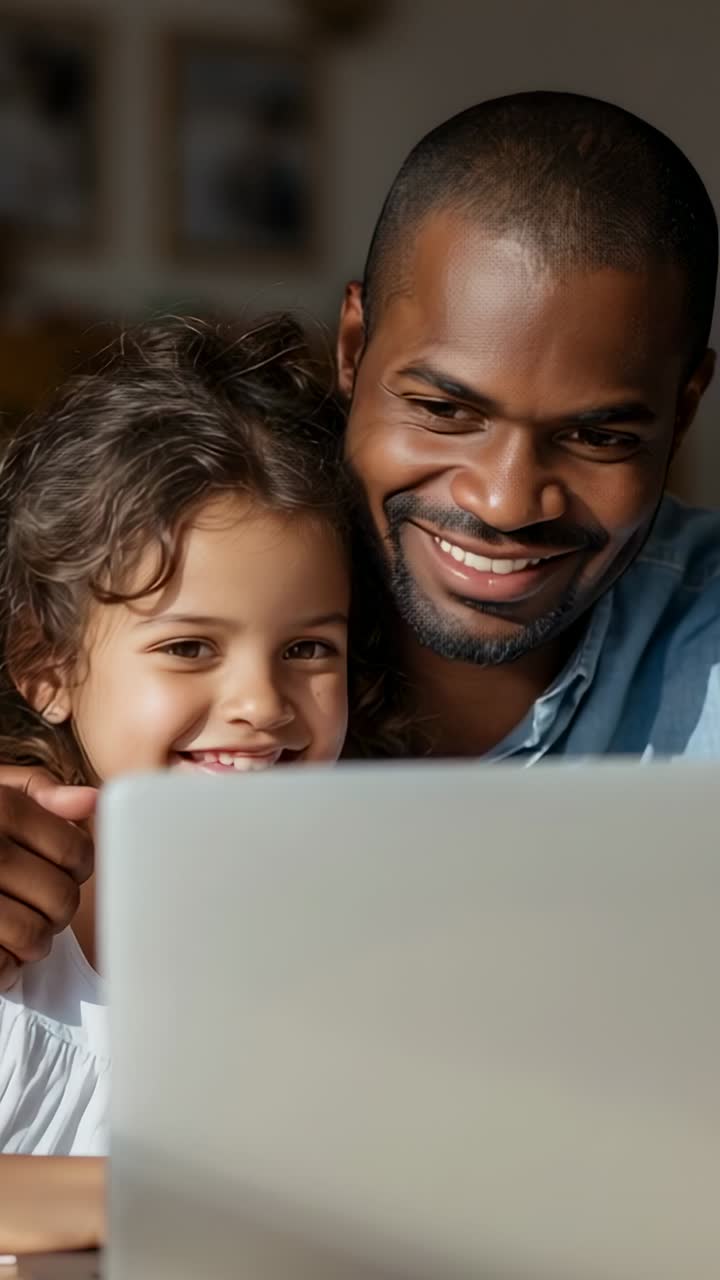 Video verticale: uomo seduto a casa apre un laptop argentato mentre aiuta sua figlia con l'apprendimento digitale