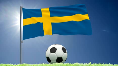 flag of sweden fluttering and a football rolls on the lawn, 3d rendering, 4k footage