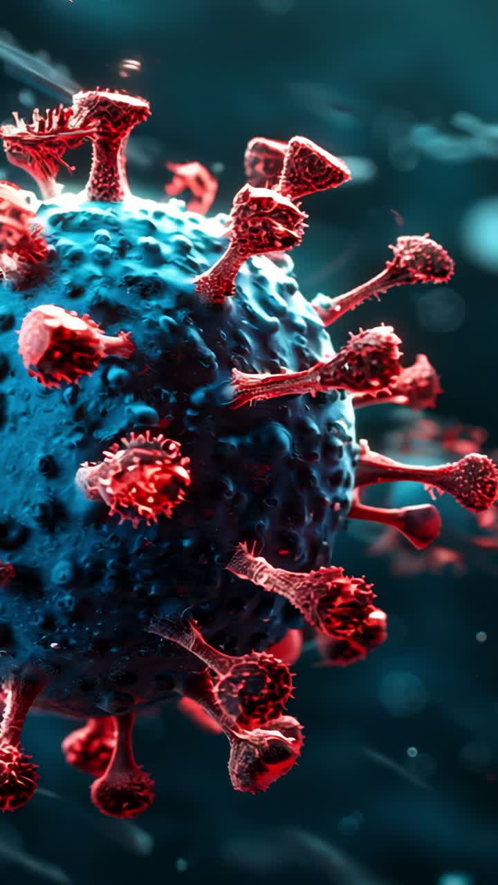 A close up of a red and blue virus