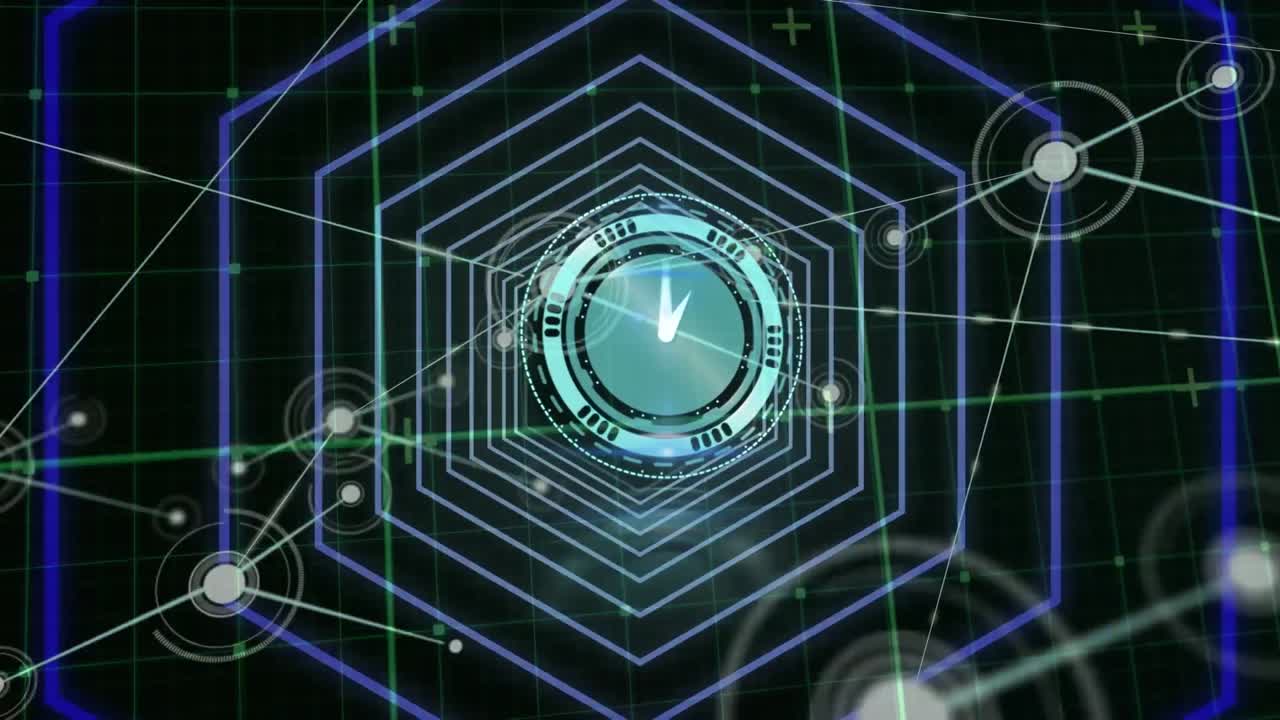 animación de reloj moviéndose rápidamente sobre hexágonos y red de conexiones con puntos brillantes