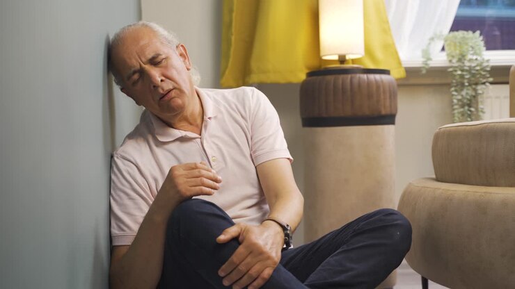 Sick old man coughing leaning against wall. Hopeless.
